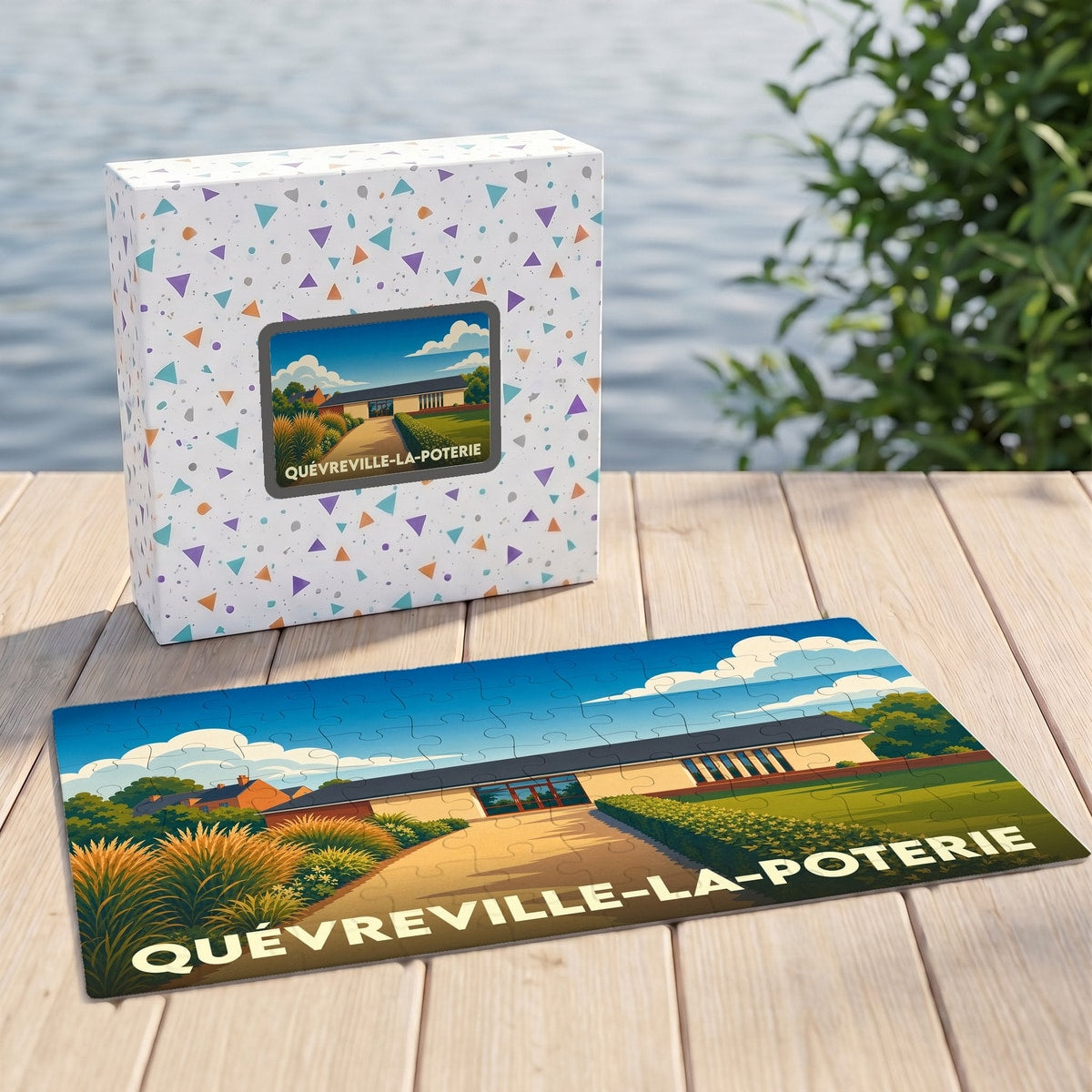 Puzzle souvenir de Quévreville-la-Poterie illustré par un paysage stylisé du village et de sa mairie.