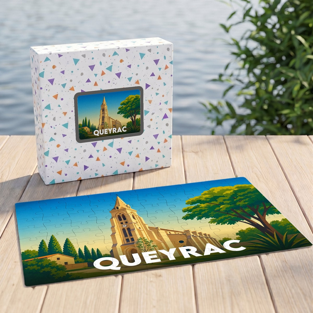 Puzzle souvenir de la ville de Queyrac avec une illustration stylisée de son église.