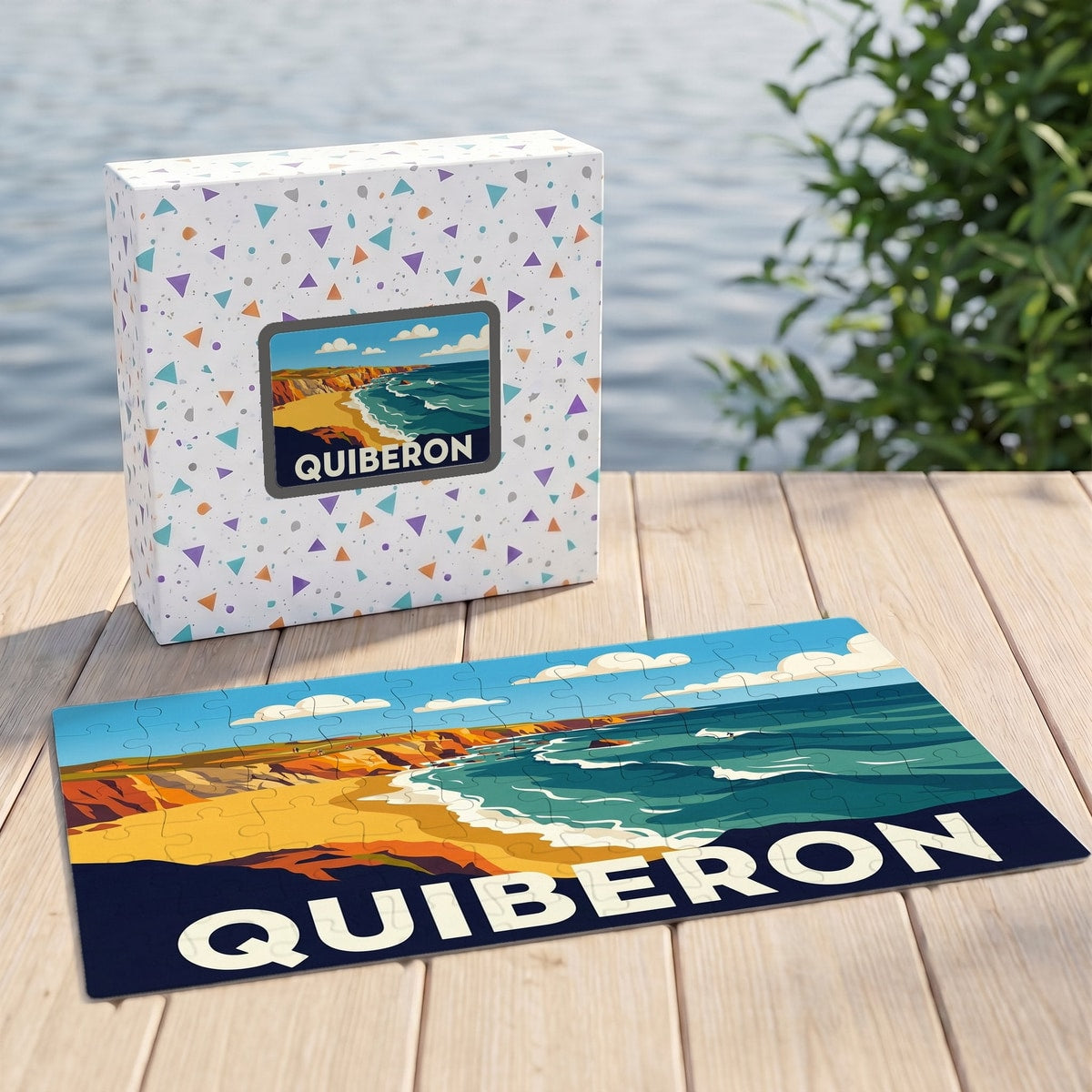 Puzzle souvenir de la ville de Quiberon avec une illustration stylisée d'un paysage côtier.
