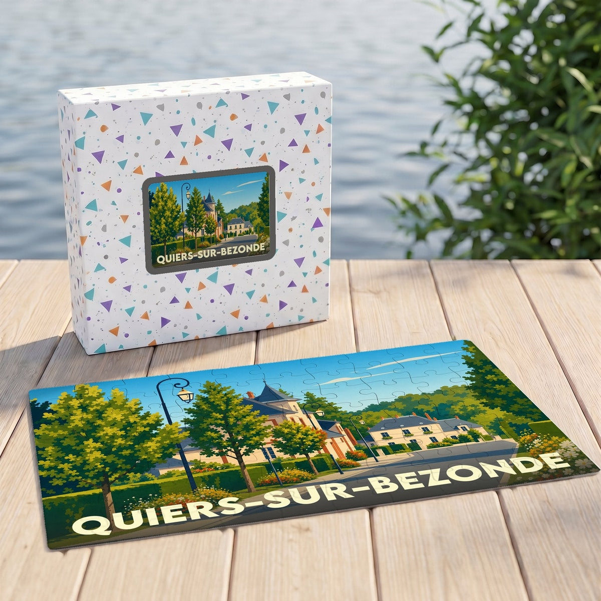 Puzzle souvenir de la ville de Quiers-sur-Bezonde avec une illustration stylisée d'un paysage urbain verdoyant.