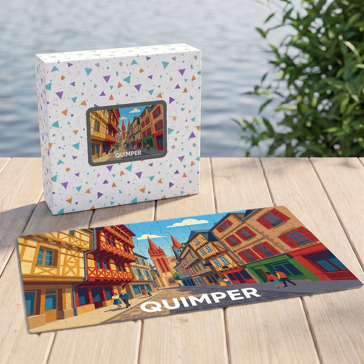 Puzzle souvenir de la ville de Quimper illustrant ses maisons à colombages et sa cathédrale.