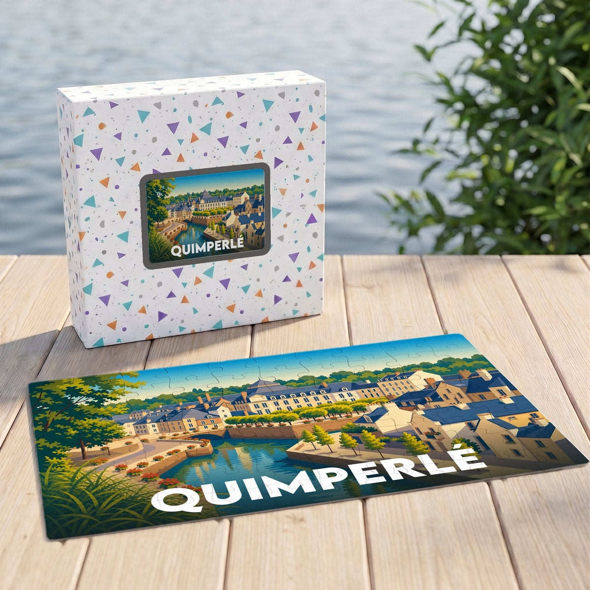 Puzzle souvenir de la ville de Quimperlé présentant une illustration colorée des bords de la Laïta.