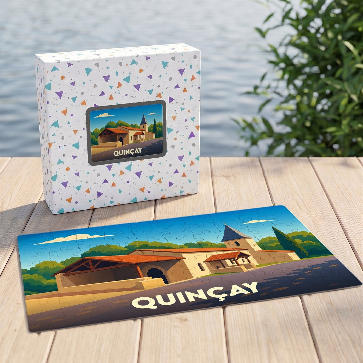 Puzzle souvenir de la ville de Quinçay avec une illustration stylisée.
