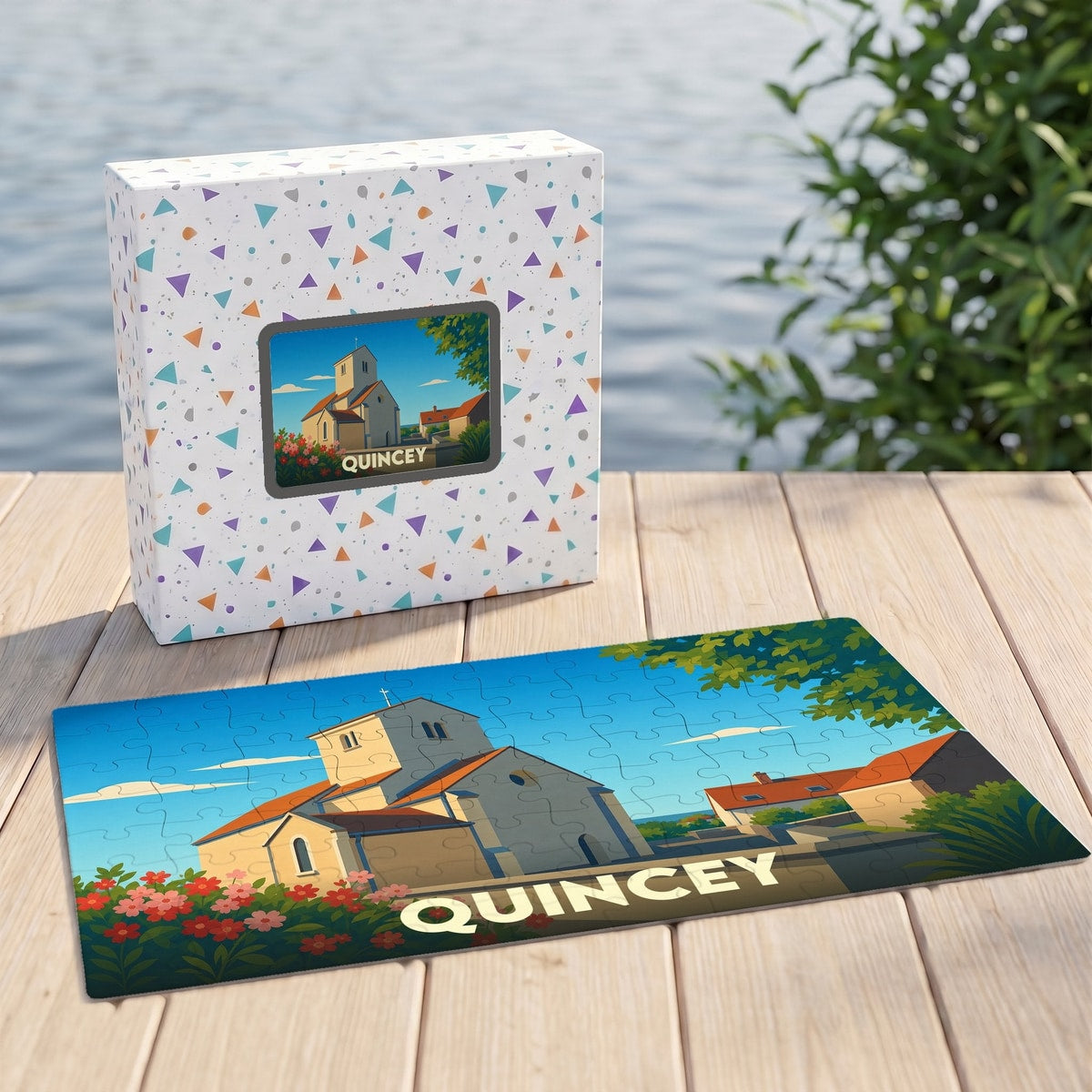Puzzle souvenir de la ville de Quincey avec une illustration stylisée et colorée.