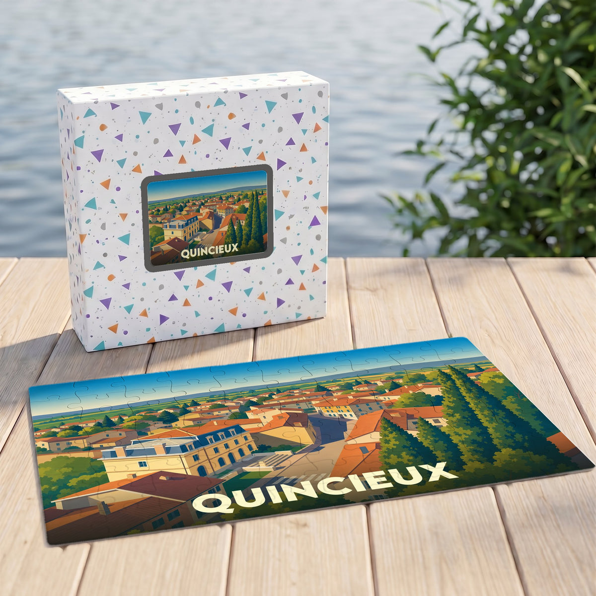 Puzzle souvenir de la ville de Quincieux avec une illustration stylisée d'un paysage urbain.