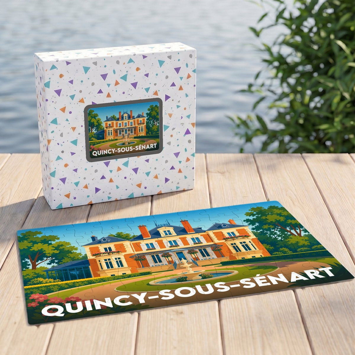 Puzzle souvenir de la ville de Quincy-sous-Sénart avec une illustration stylisée d'un manoir.
