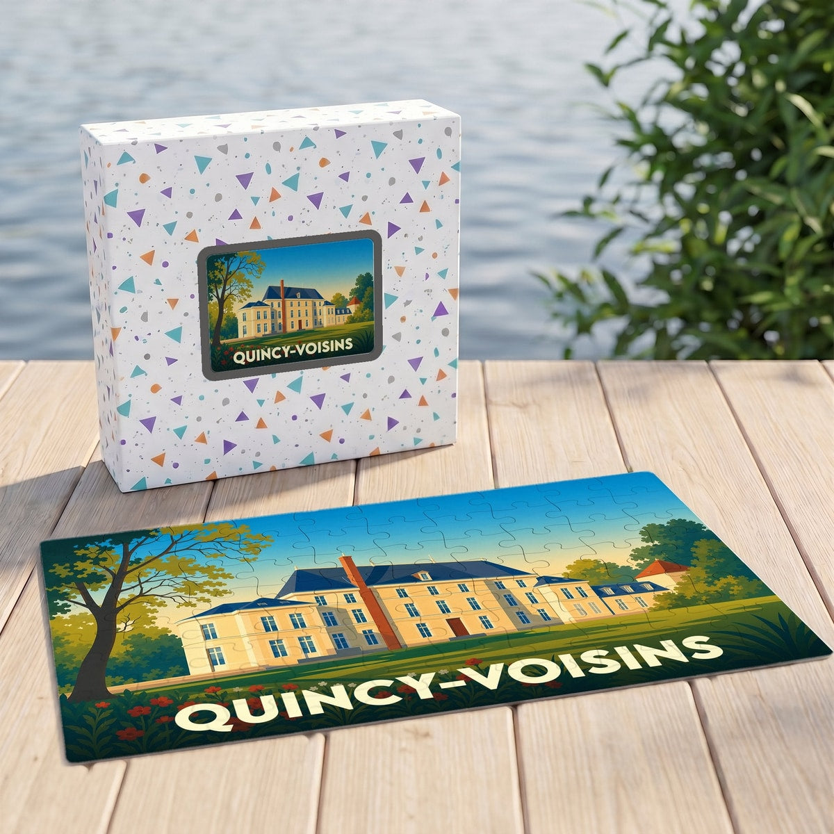 Puzzle souvenir de la ville de Quincy-Voisins avec une illustration stylisée de son château.