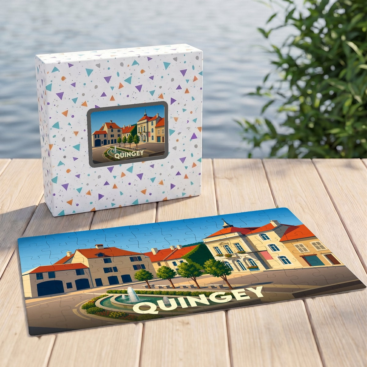 Puzzle souvenir de la ville de Quingey avec une illustration stylisée et colorée.