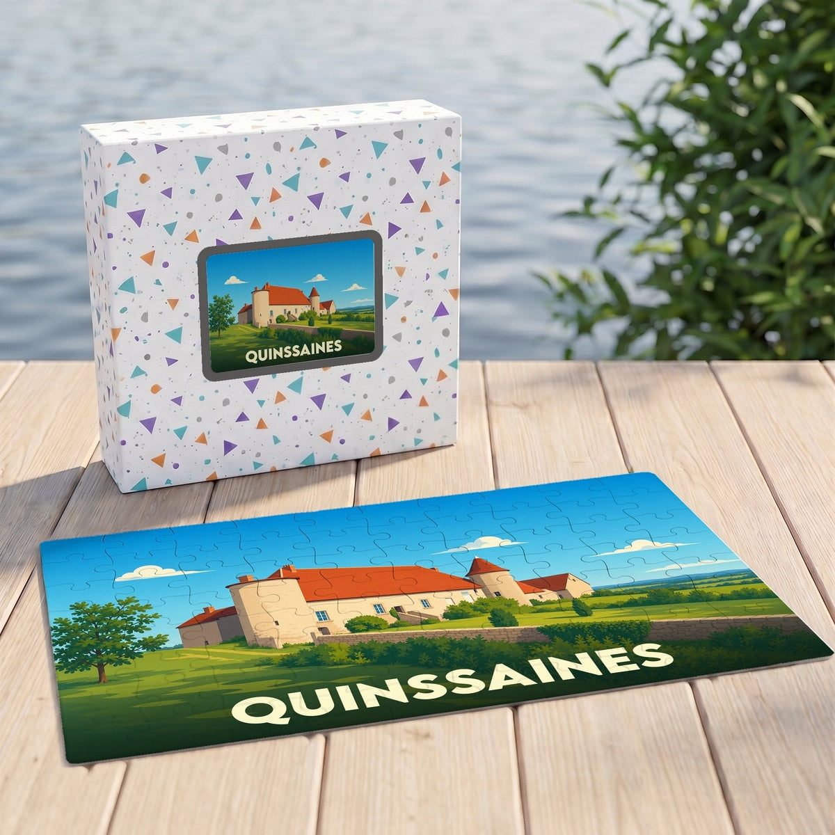 Puzzle souvenir de la ville de Quinssaines représentant son château dans un style illustré.