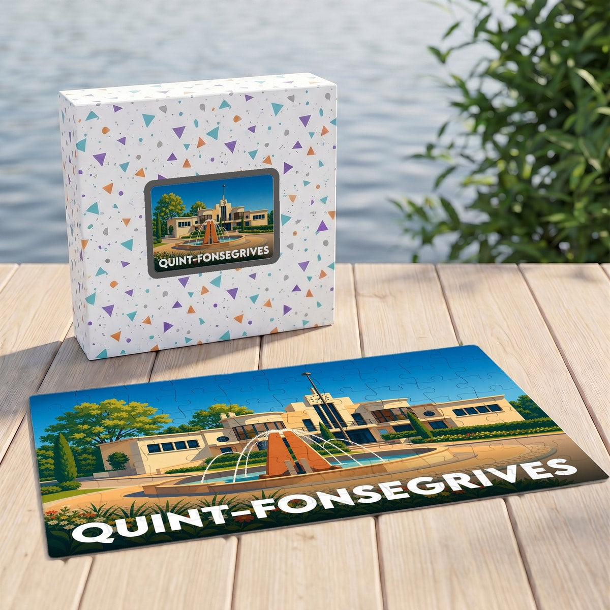 Puzzle souvenir de la ville de Quint-Fonsegrives avec une illustration stylisée d'une fontaine et de l'hôtel de ville.
