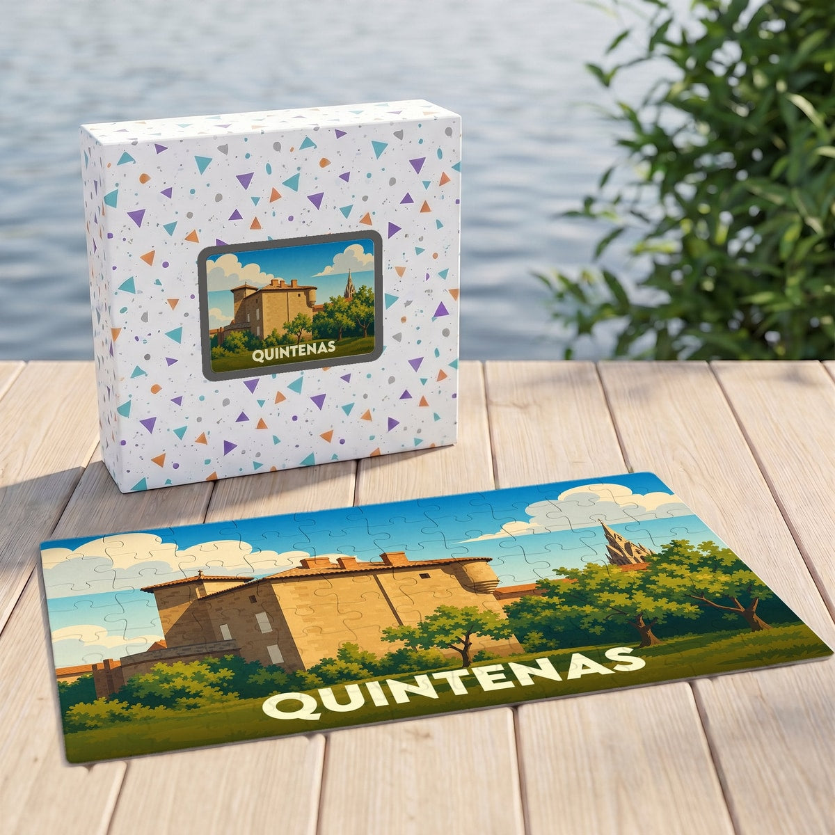 Puzzle souvenir de la ville de Quintenas avec une illustration stylisée d'un château sous un ciel azur.