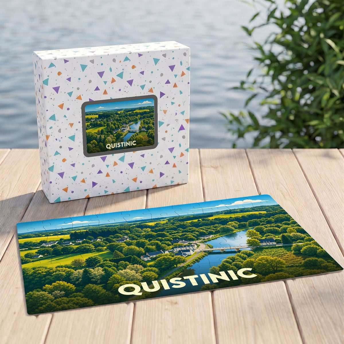 Puzzle souvenir de la ville de Quistinic représentant un paysage verdoyant bordant un fleuve.