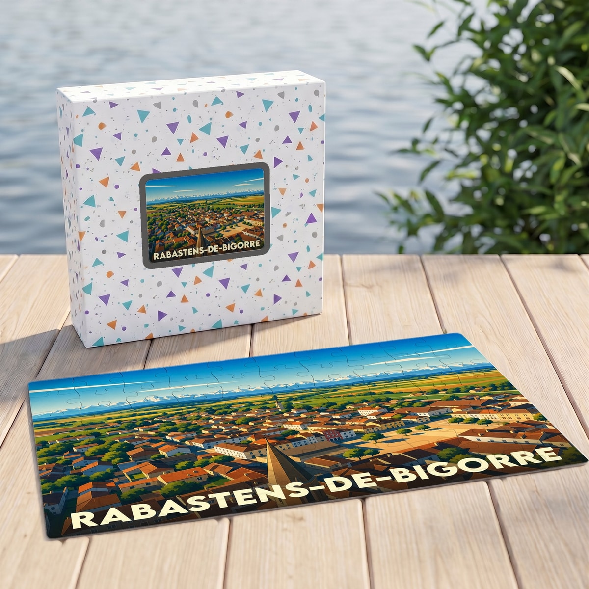 Puzzle souvenir de la ville de Rabastens-de-Bigorre avec une illustration panoramique stylisée.