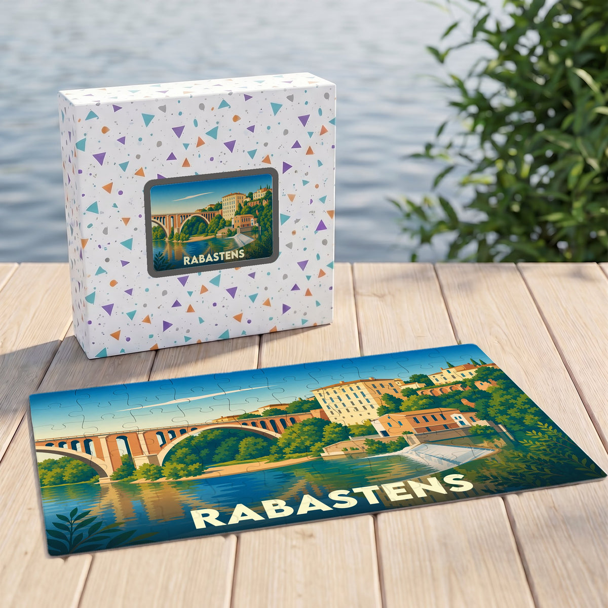 Puzzle souvenir de la ville de Rabastens illustrant son pont et ses bâtiments historiques au bord de l'eau.