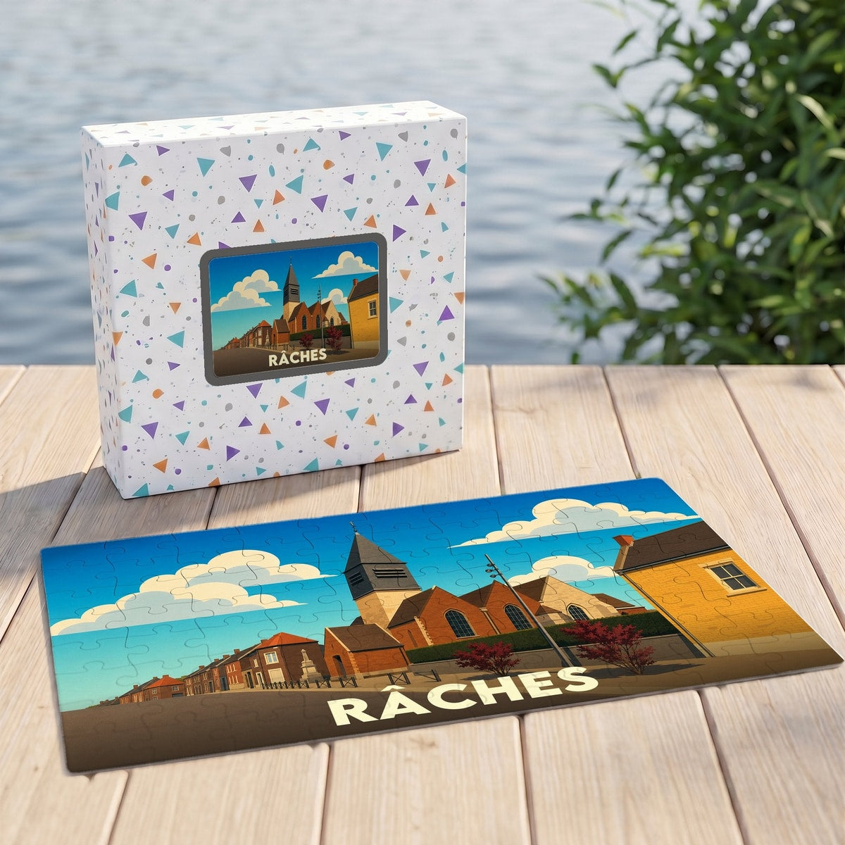 Puzzle souvenir de la ville de Râches avec une illustration stylisée de son église et de ses maisons.
