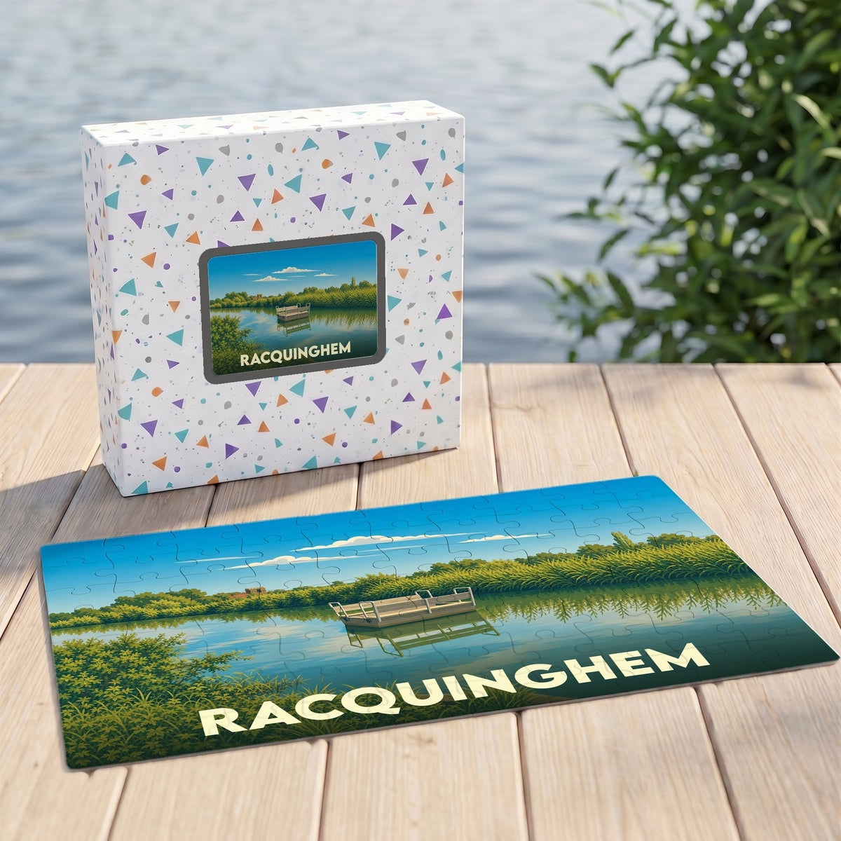 Puzzle souvenir de la ville de Racquinghem avec une illustration stylisée d'un plan d'eau.