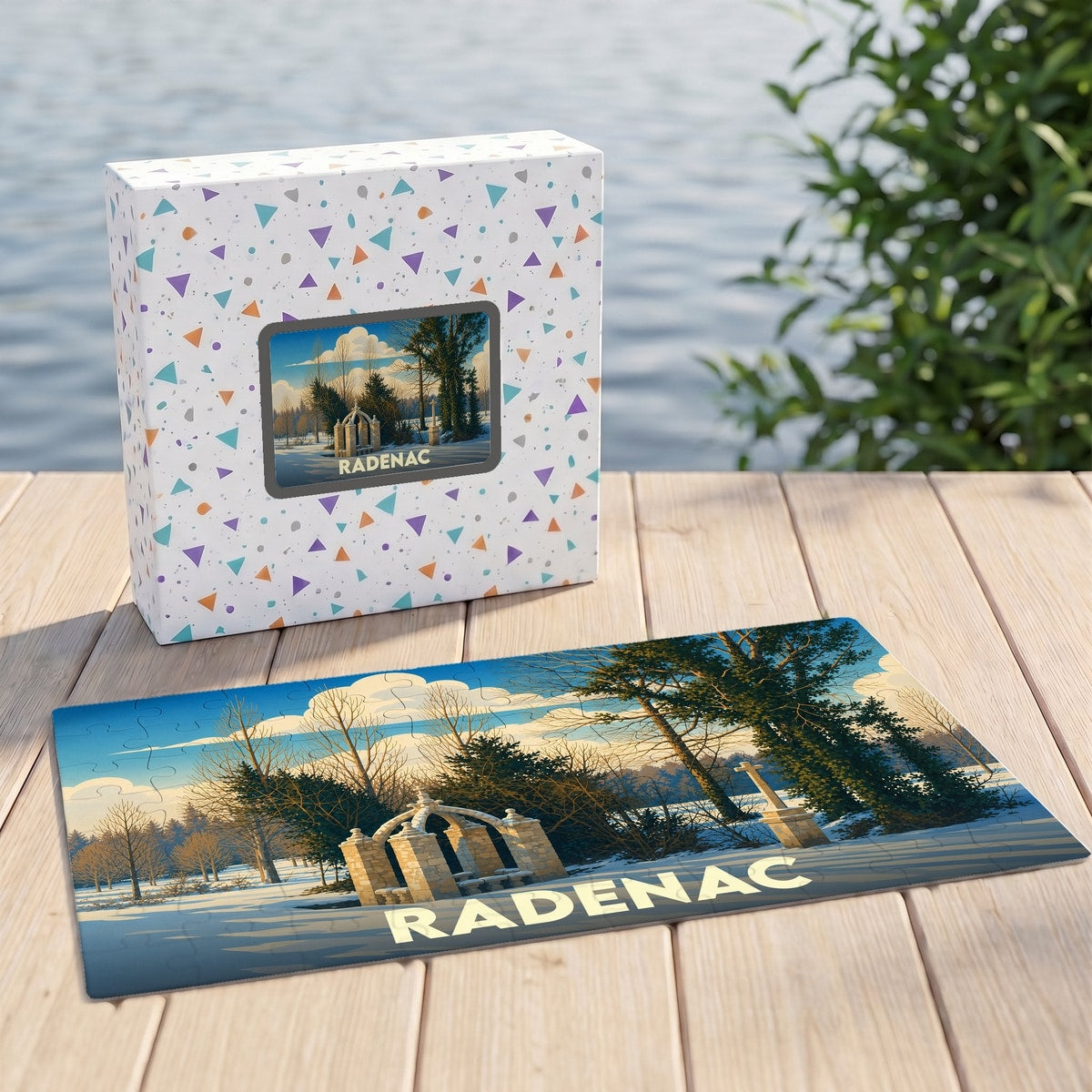 Puzzle souvenir de la ville de Radenac représentant un paysage hivernal illustré.