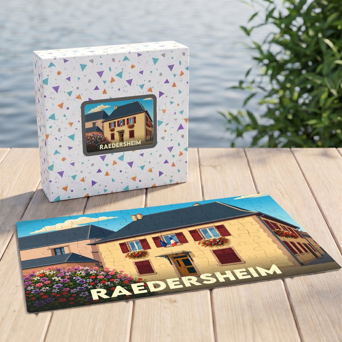 Puzzle souvenir de la ville de Raedersheim avec une illustration stylisée d'une maison traditionnelle fleurie.