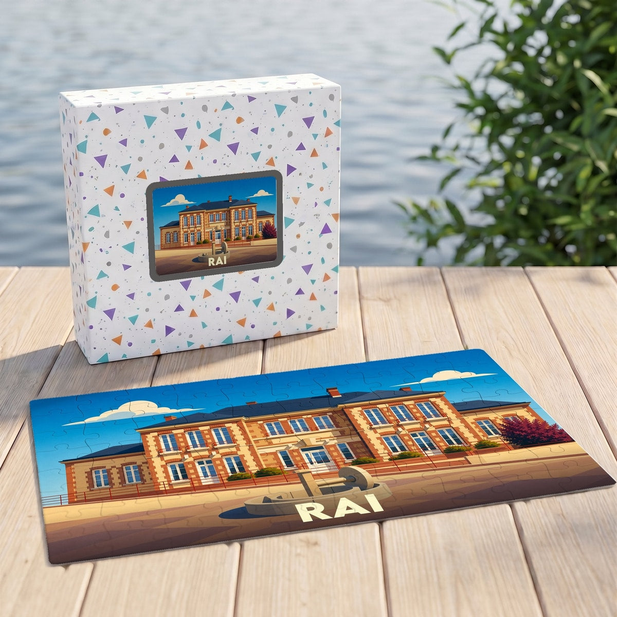 Puzzle souvenir de la ville de Rai avec une illustration stylisée d'un bâtiment historique.