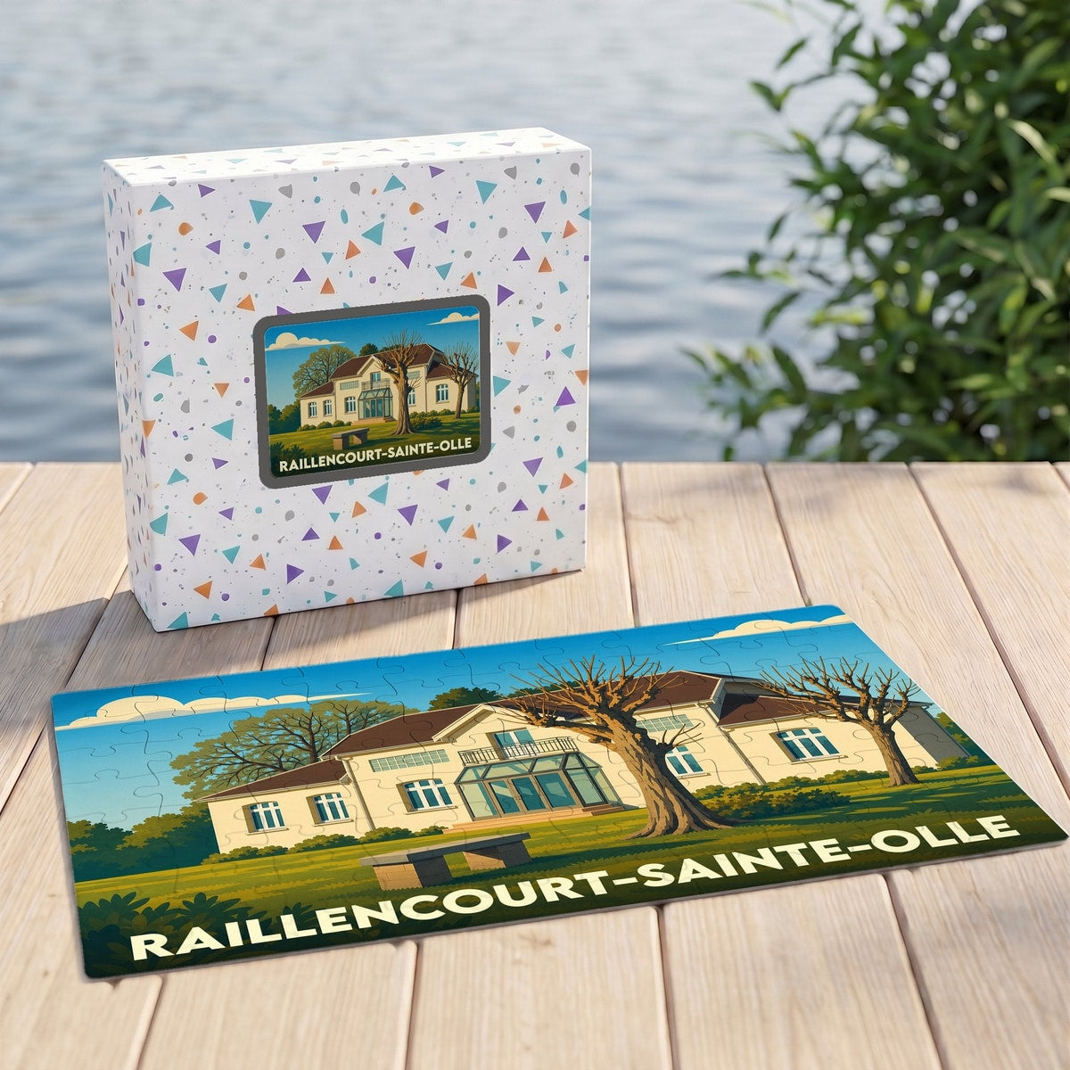 Puzzle souvenir de la ville de Raillencourt-Sainte-Olle avec une illustration stylisée de son patrimoine.