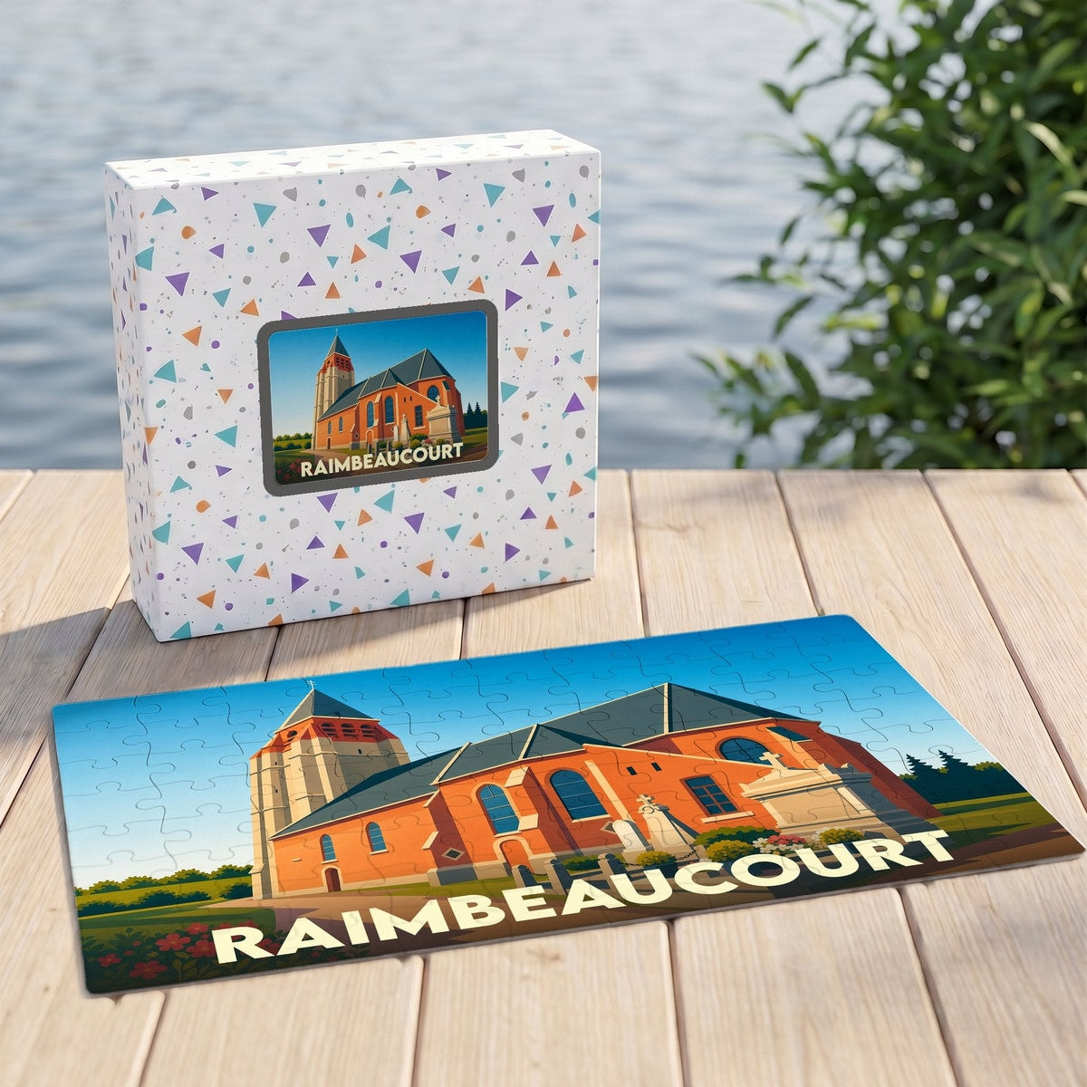 Puzzle souvenir de la ville de Raimbeaucourt avec une illustration stylisée de son église.