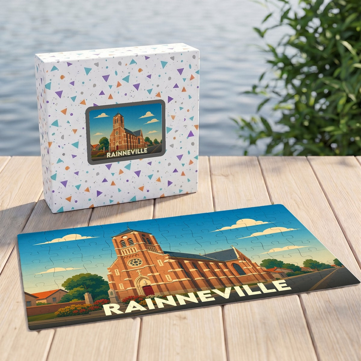 Puzzle souvenir de la ville de Rainneville représentant son église dans un style illustration rétro.