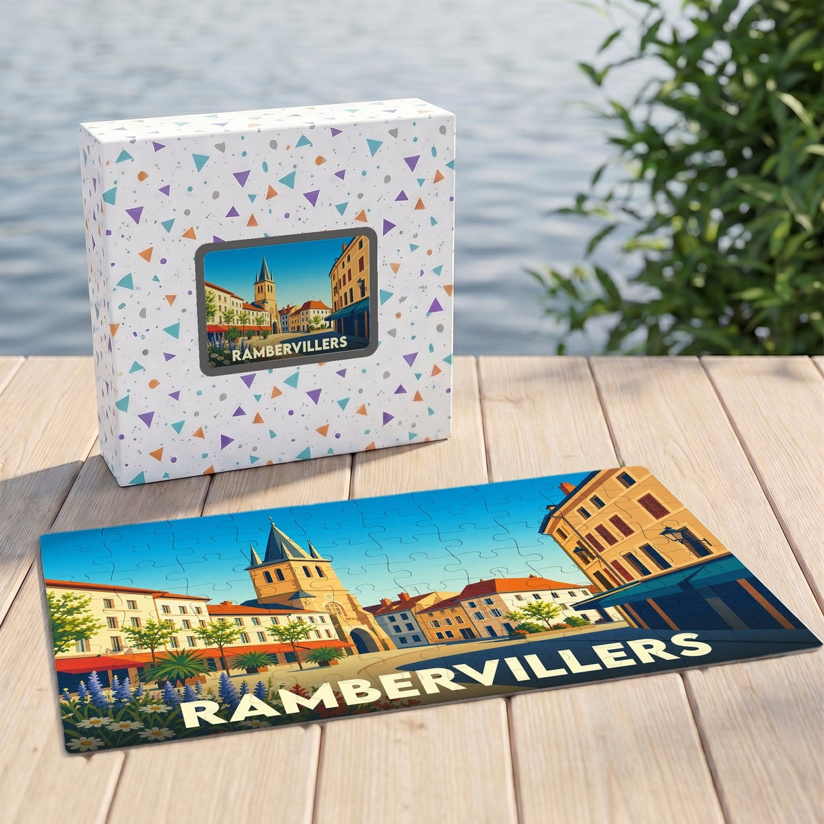 Puzzle souvenir de la ville de Rambervillers avec une illustration stylisée et sa boîte assortie.