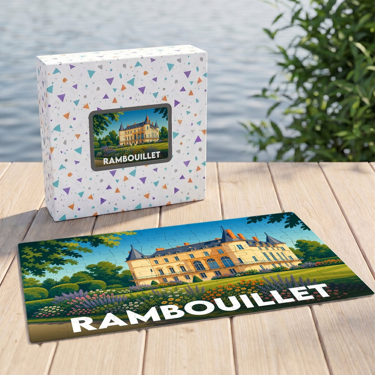 Puzzle souvenir de la ville de Rambouillet illustrant son château dans un style graphique coloré.