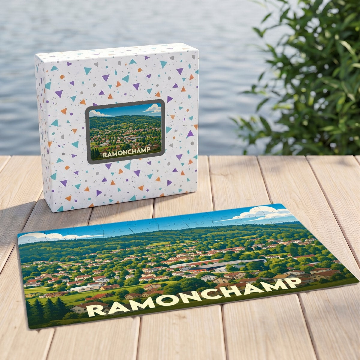 Puzzle souvenir de la ville de Ramonchamp avec une illustration panoramique stylisée.