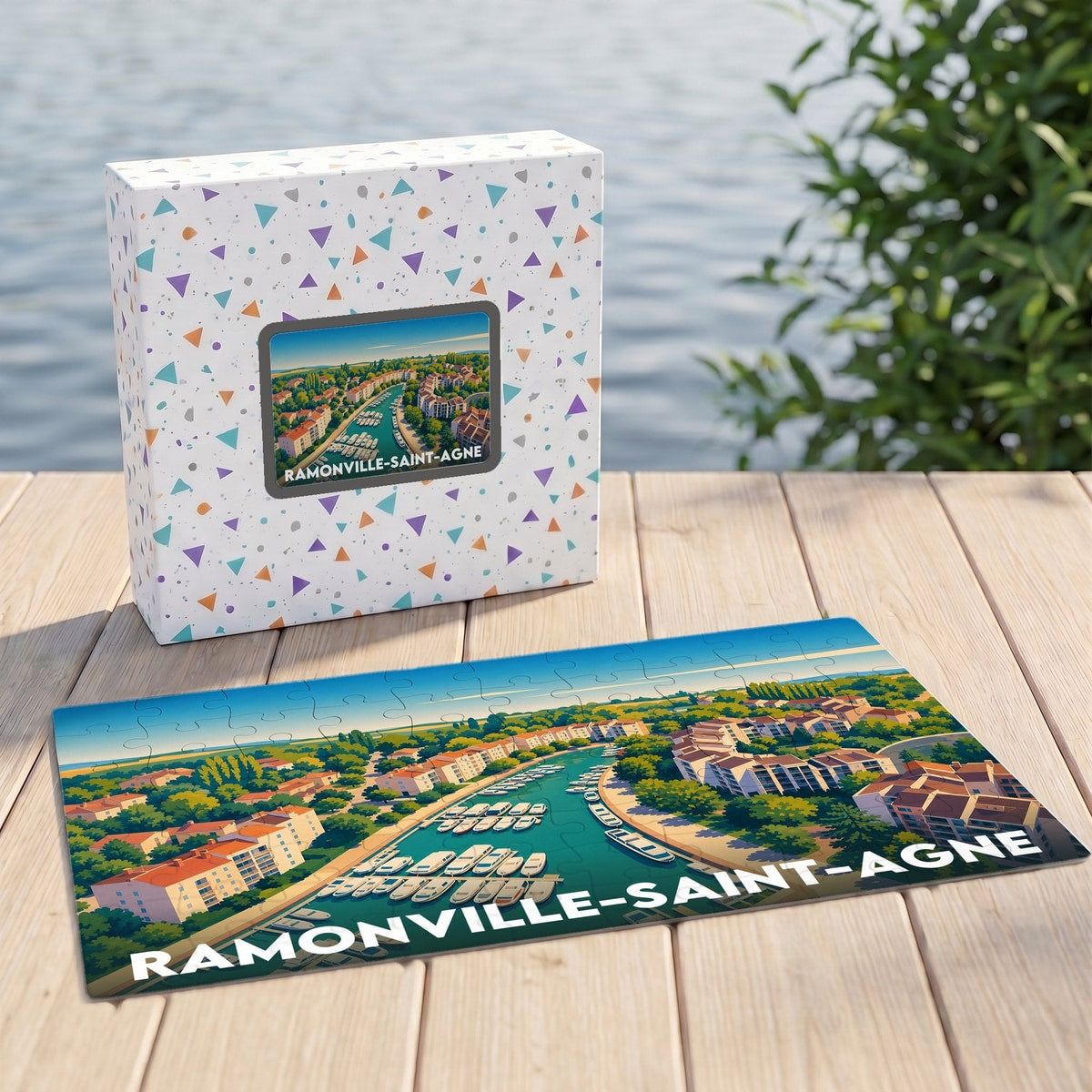 Puzzle souvenir de la ville de Ramonville-Saint-Agne avec une illustration stylisée de son port technique.