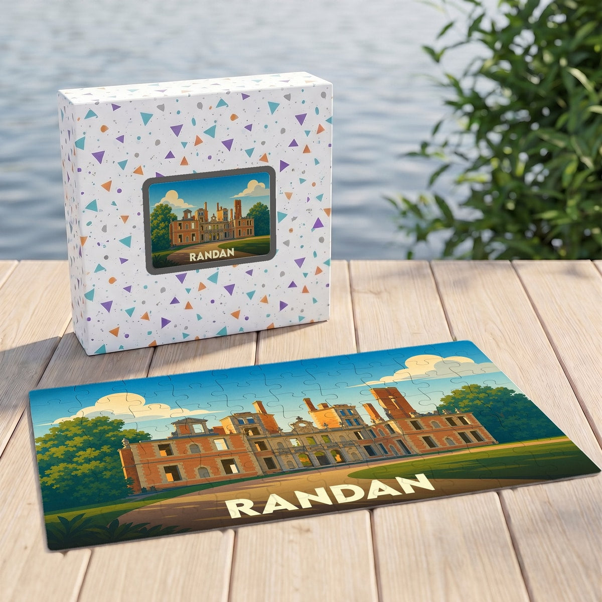 Puzzle souvenir de la ville de Randan avec une illustration stylisée du domaine royal.