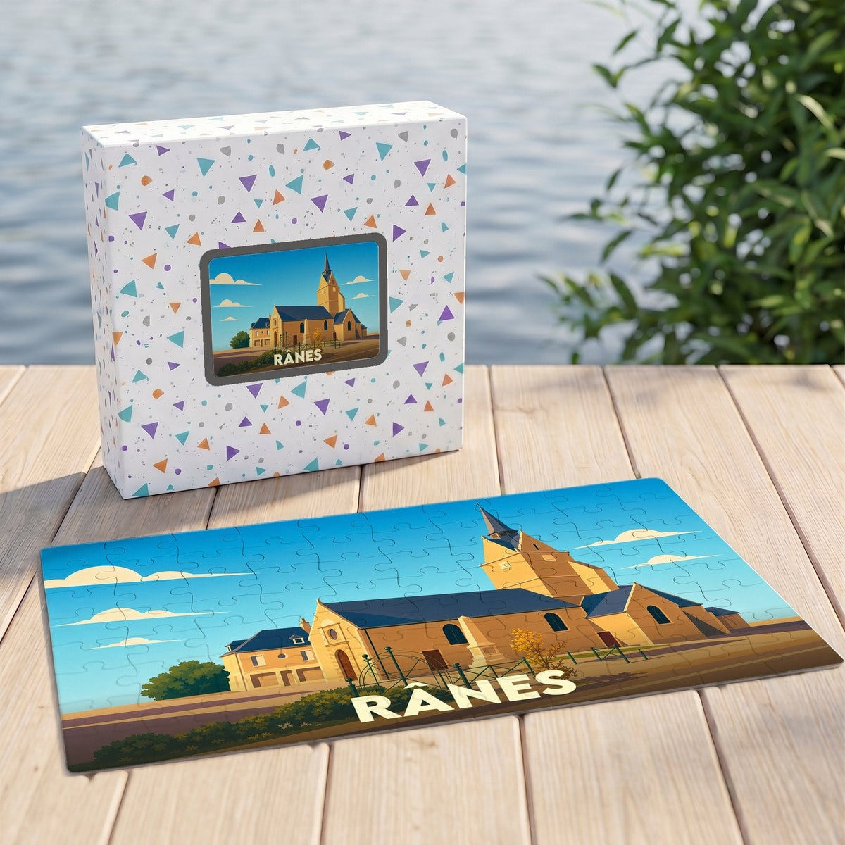 Puzzle souvenir de la ville de Rânes avec une illustration stylisée de son église.