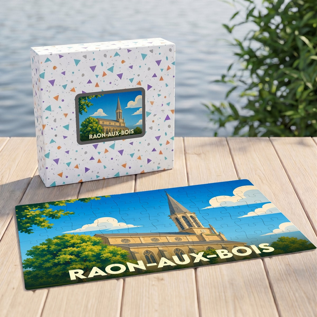 Puzzle souvenir de la ville de Raon-aux-Bois avec une illustration stylisée de son église.