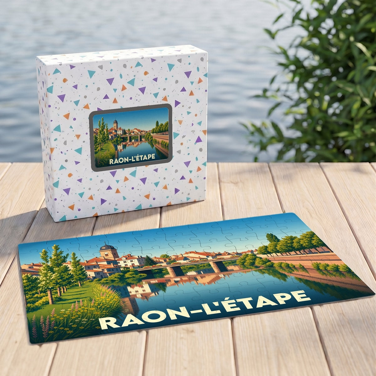 Puzzle souvenir de la ville de Raon-l'Étape avec une illustration stylisée d'un pont en bord de rivière.