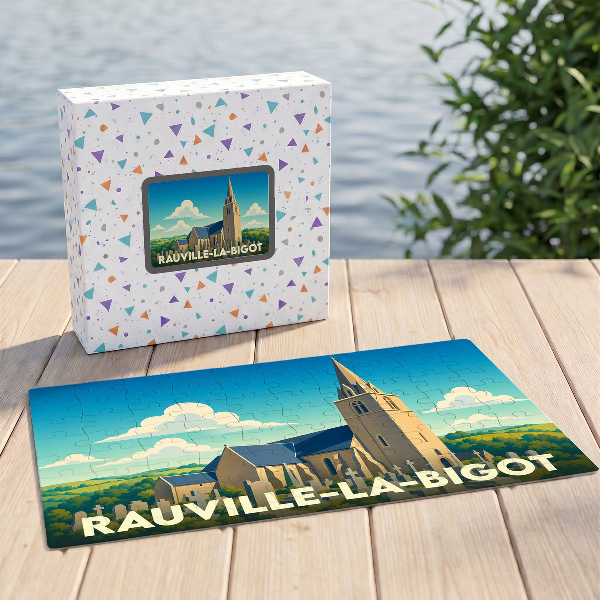 Puzzle souvenir de la ville de Rauville-la-Bigot avec une illustration stylisée de son église.