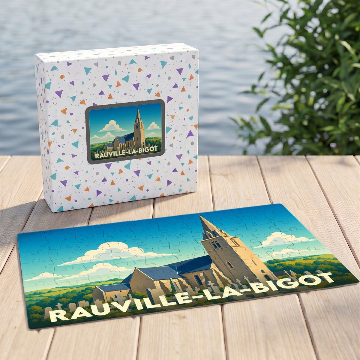 Puzzle souvenir de la ville de Rauville-la-Bigot illustrant son église dans un style graphique épuré.
