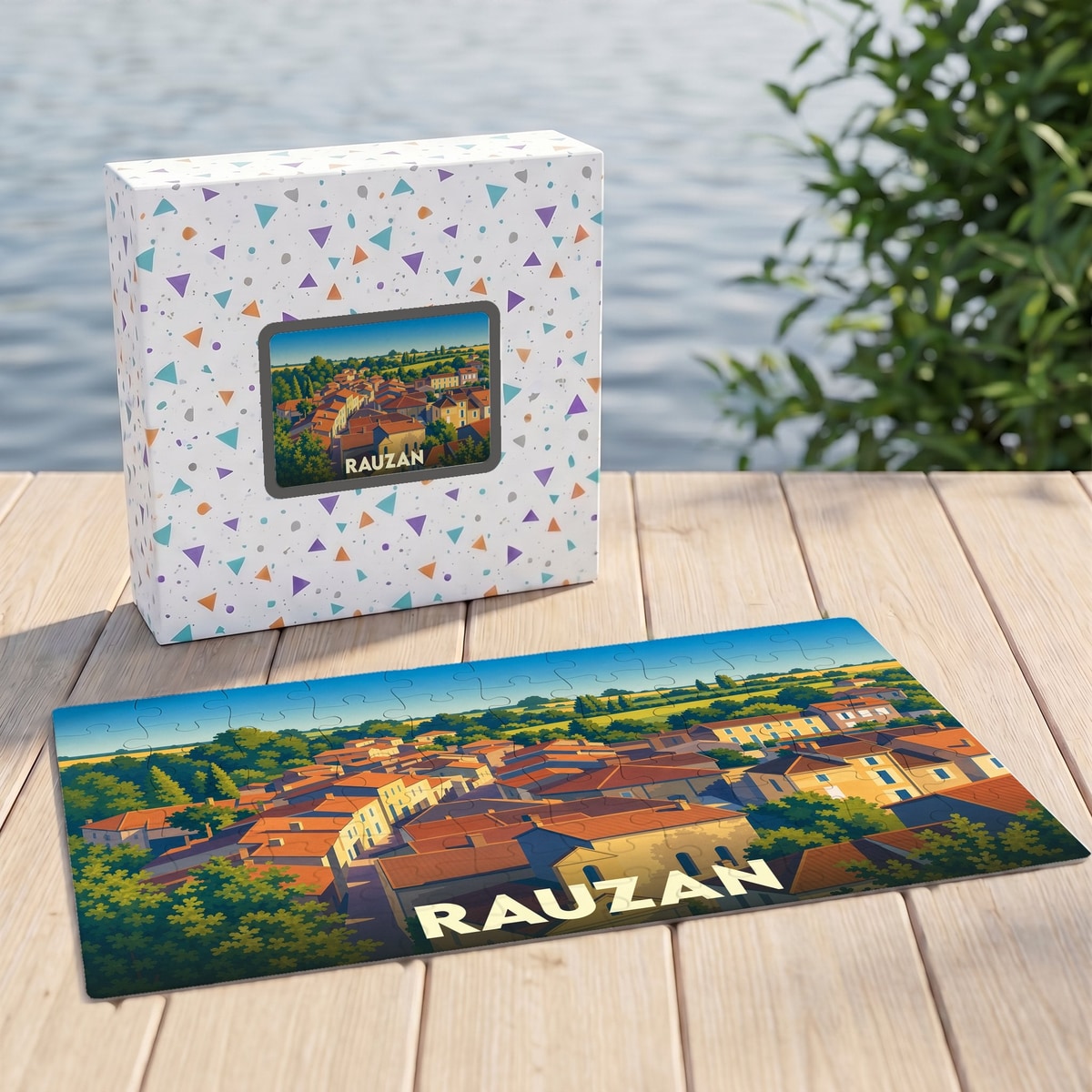 Puzzle souvenir de la ville de Rauzan illustrant un panorama ensoleillé de ses toits rouges.