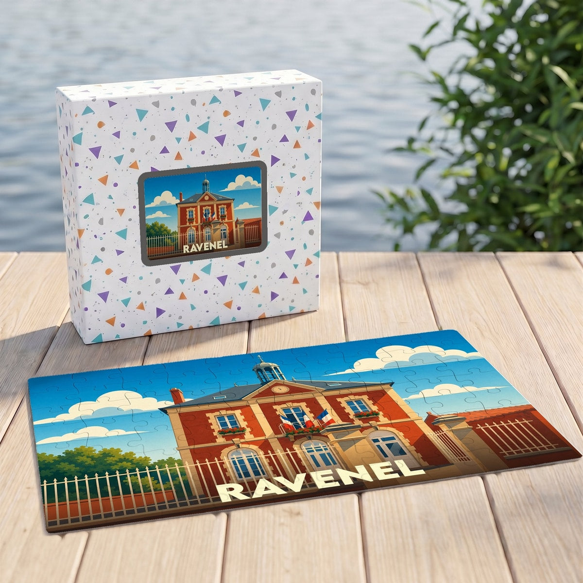Puzzle souvenir de la ville de Ravenel avec une illustration stylisée de son hôtel de ville.