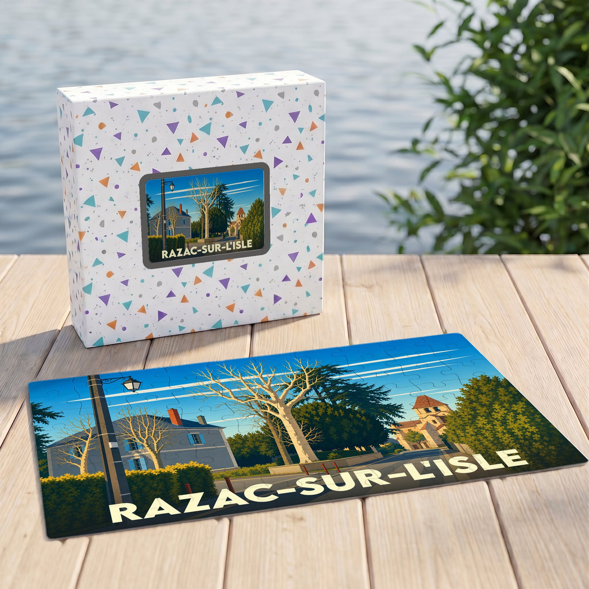 Puzzle souvenir de la ville de Razac-sur-l'Isle avec une illustration stylisée d'un paysage urbain.