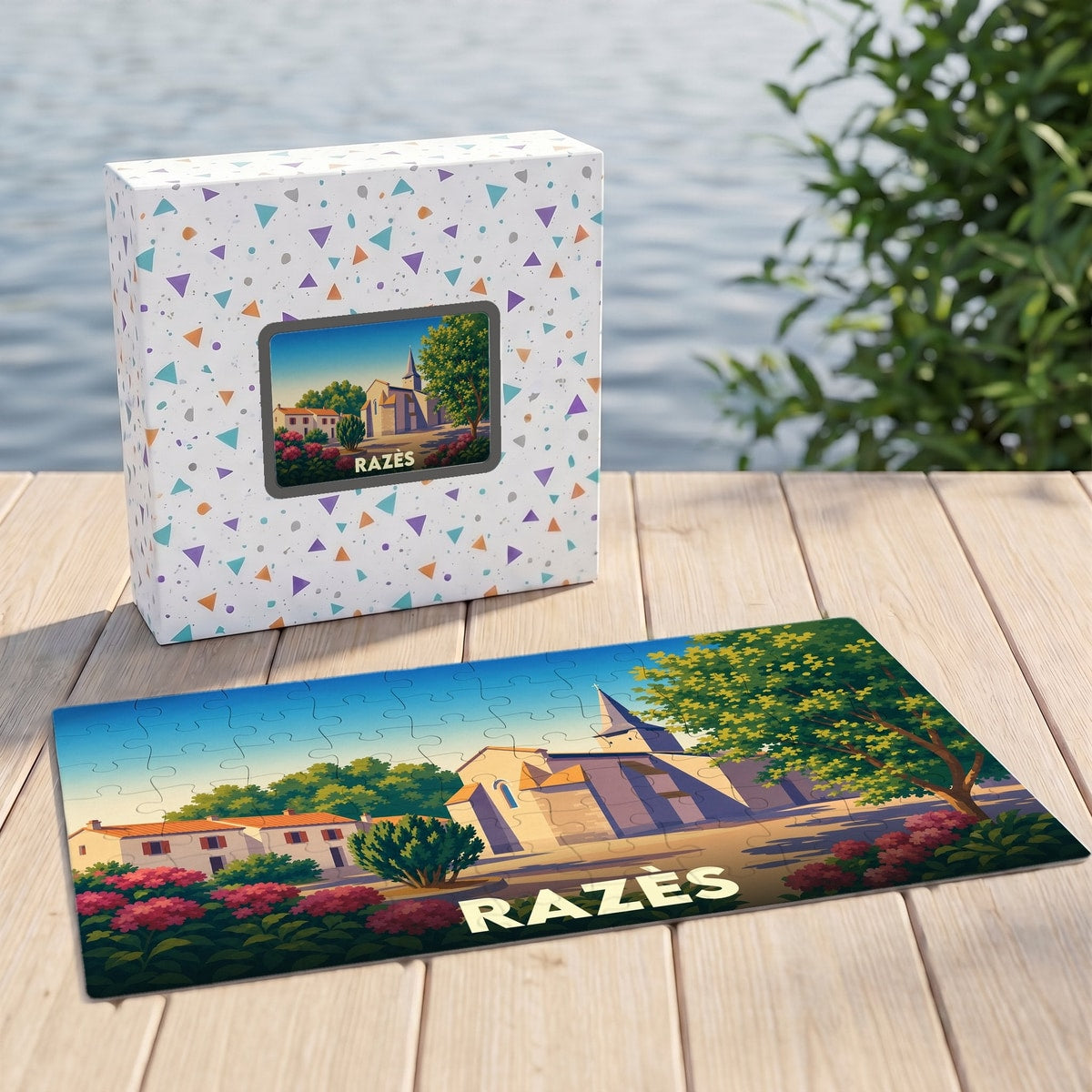 Puzzle souvenir de la ville de Razès avec une illustration stylisée d'une église et de maisons fleuries.