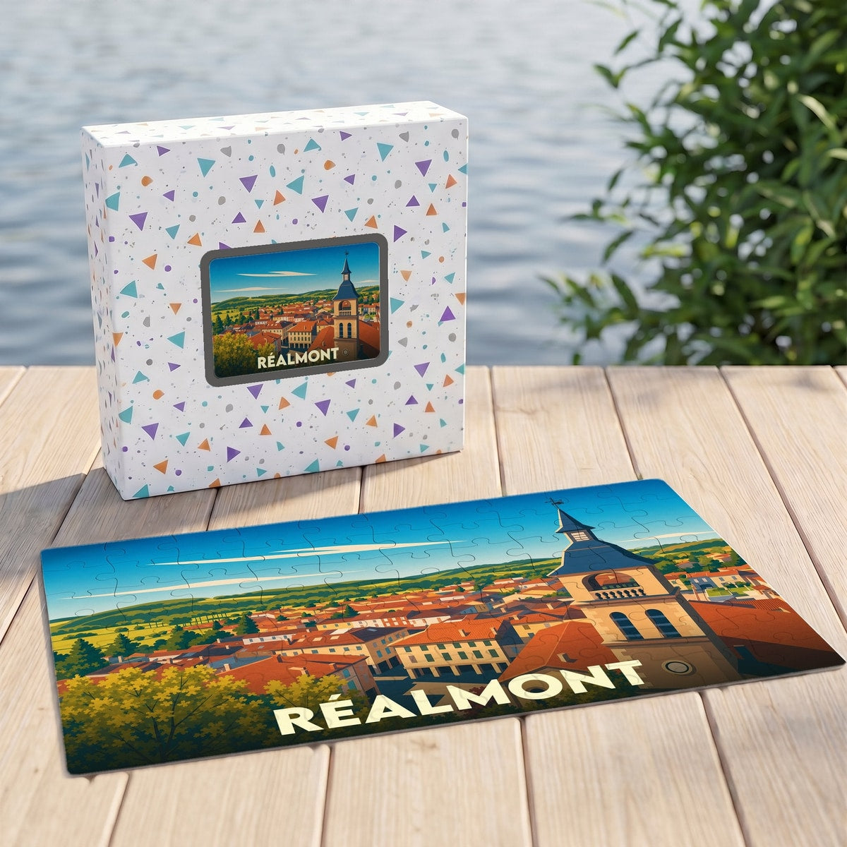 Puzzle souvenir de la ville de Réalmont avec une illustration stylisée et sa boîte assortie.
