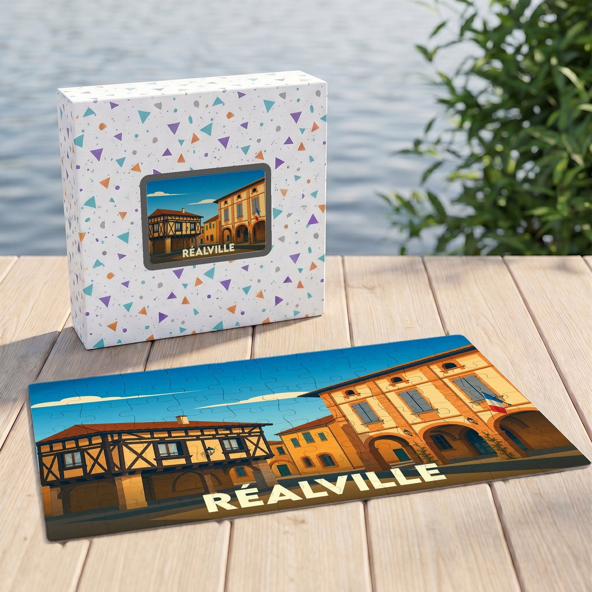 Puzzle souvenir de la ville de Réalville avec une illustration stylisée et sa boîte assortie.