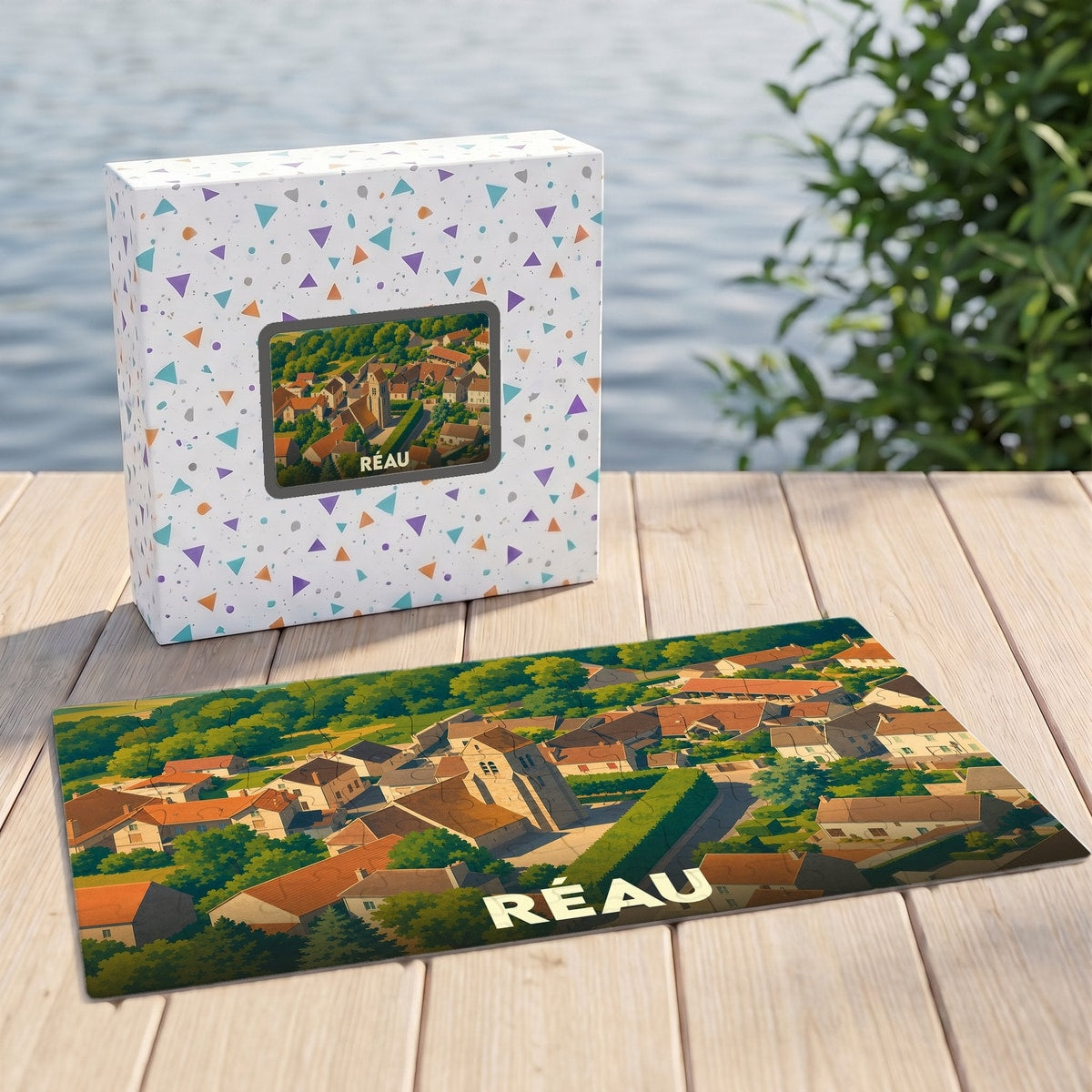Puzzle souvenir de la ville de Réau avec une illustration stylisée.