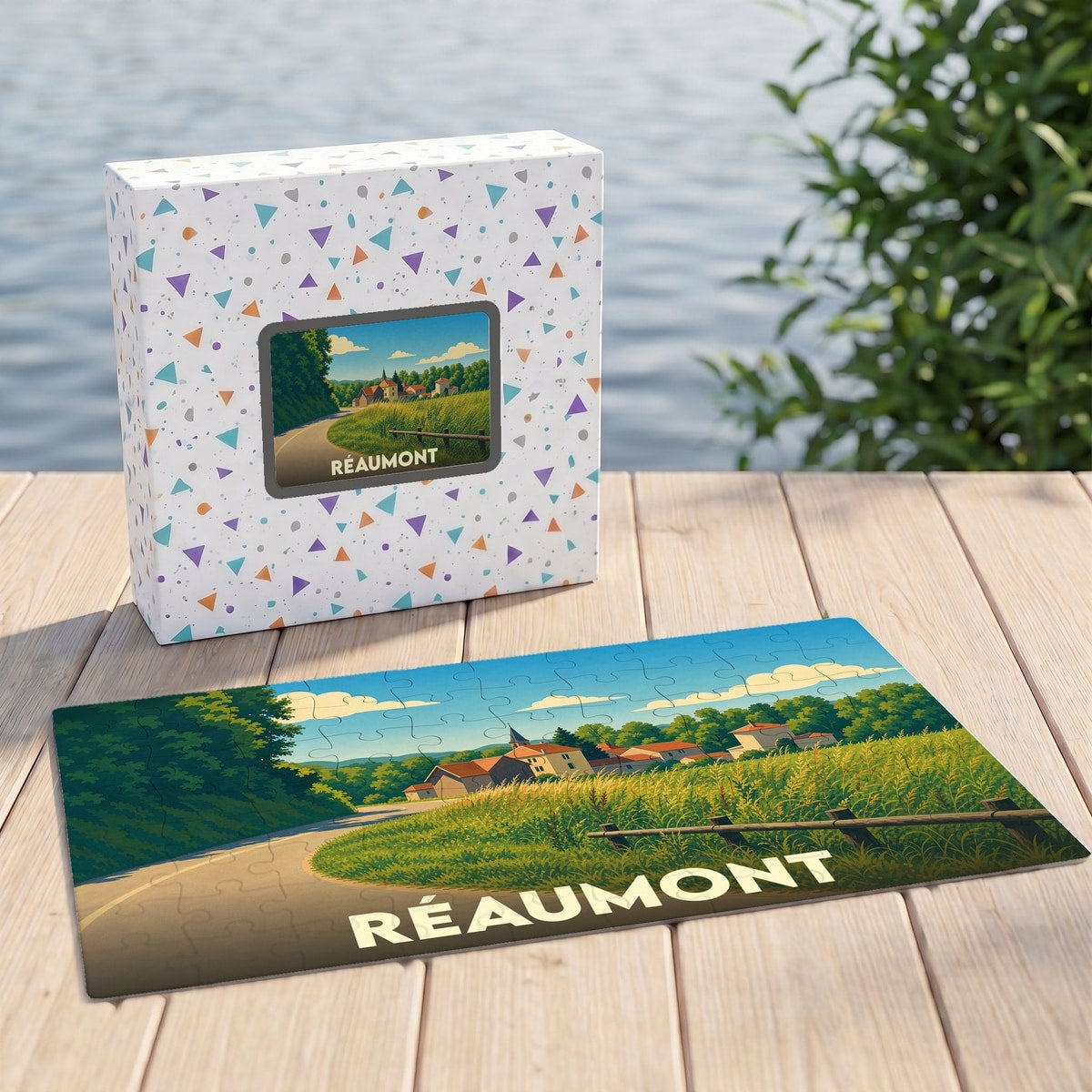 Puzzle souvenir de la ville de Réaumont avec une illustration stylisée de son paysage rural.