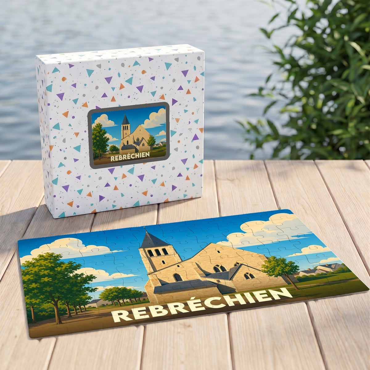 Puzzle souvenir de la ville de Rebréchien avec une illustration stylisée de son église.