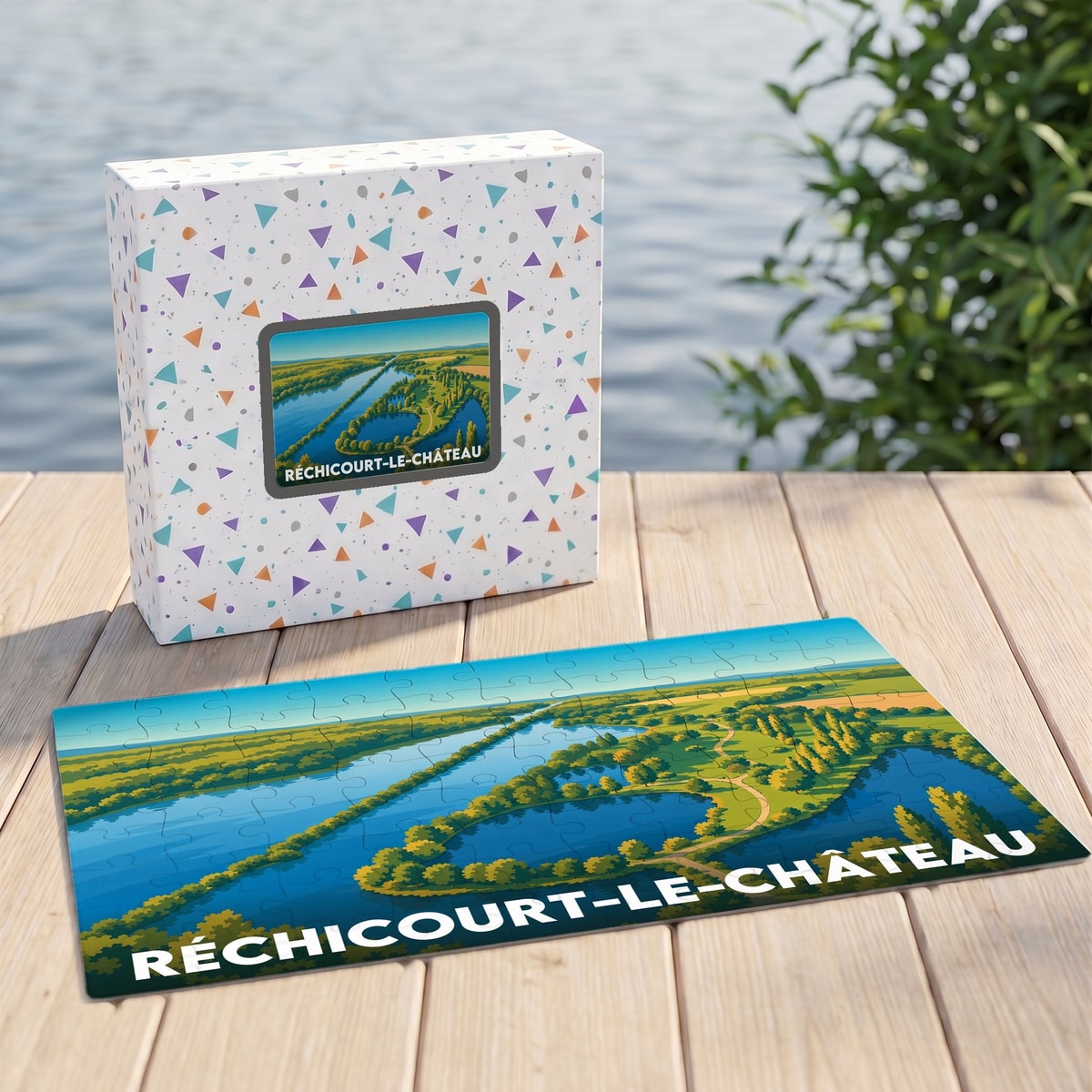 Puzzle souvenir de la ville de Réchicourt-le-Château avec une illustration stylisée d'un paysage de canaux.