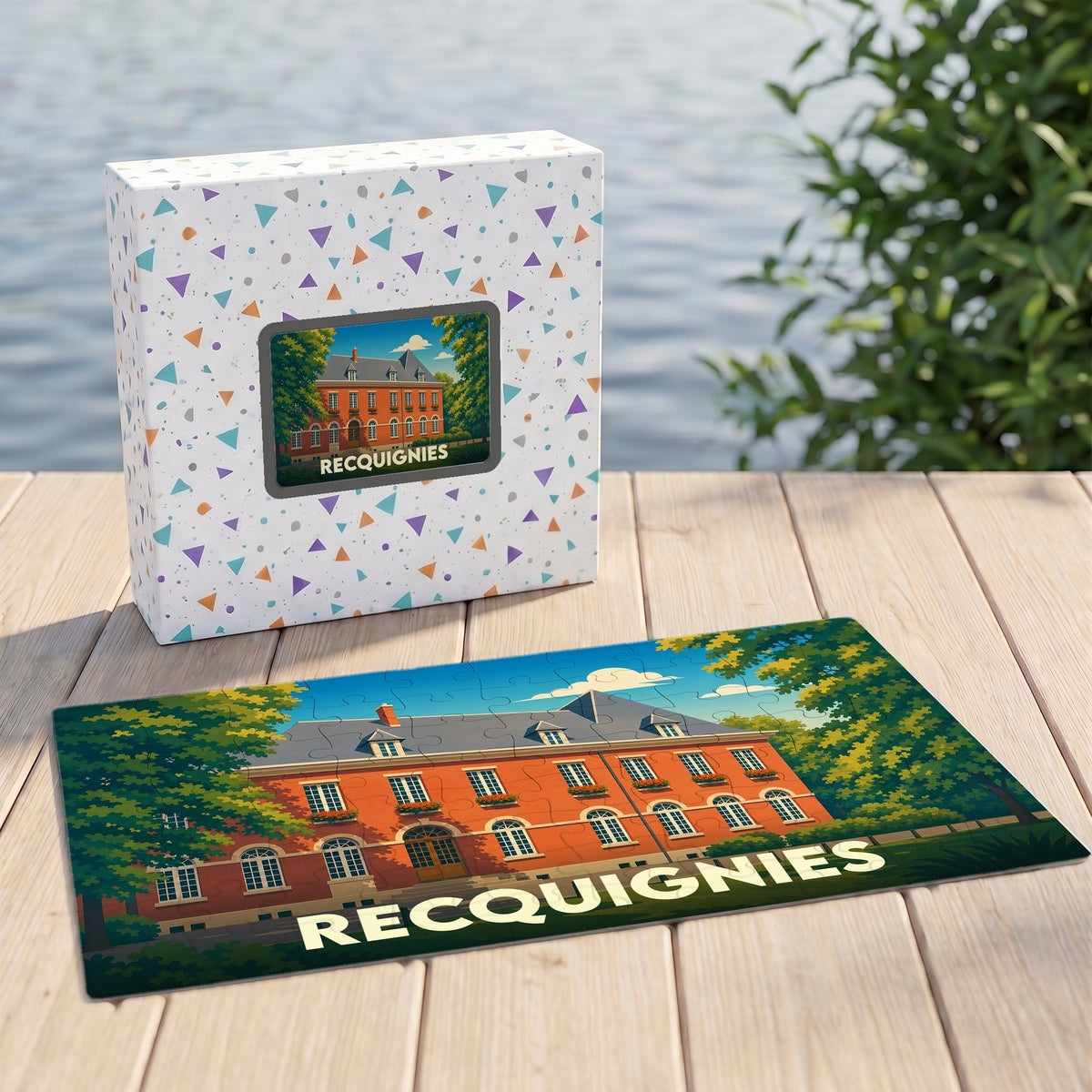 Puzzle souvenir de la ville de Recquignies avec une illustration stylisée d'un manoir en briques.