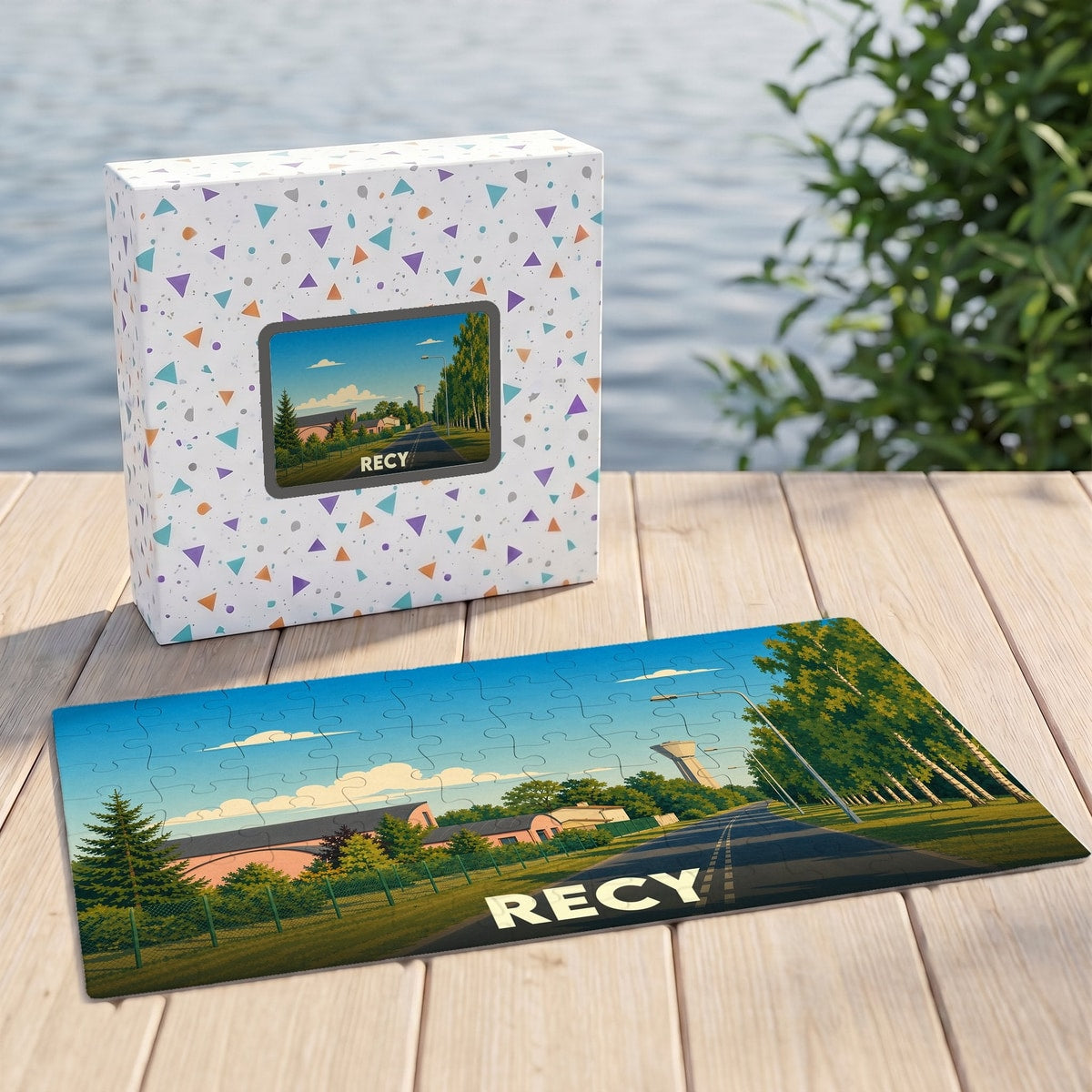 Puzzle souvenir de la ville de Recy avec une illustration stylisée d'un paysage urbain verdoyant.