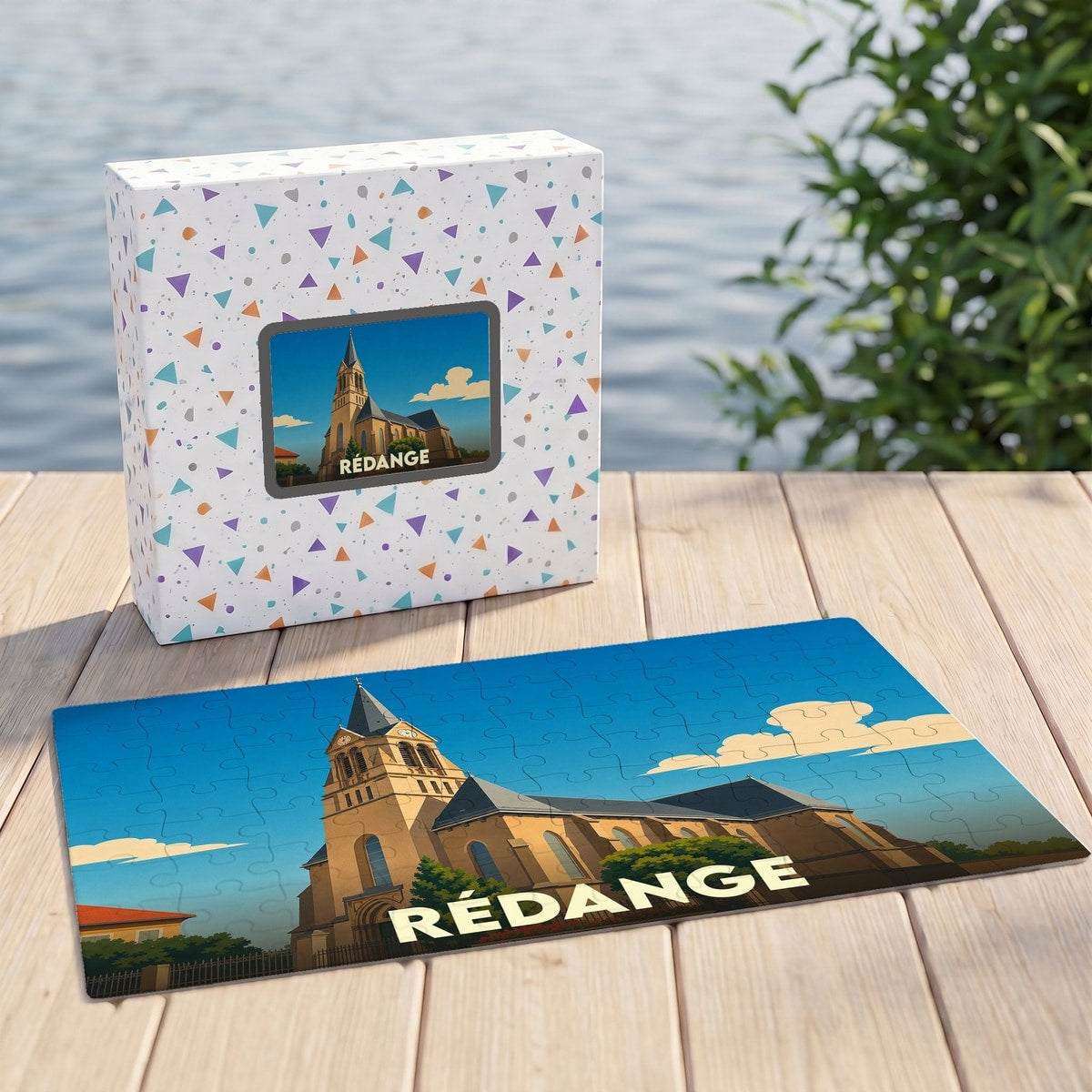 Puzzle souvenir de la ville de Rédange avec une illustration stylisée de son église.