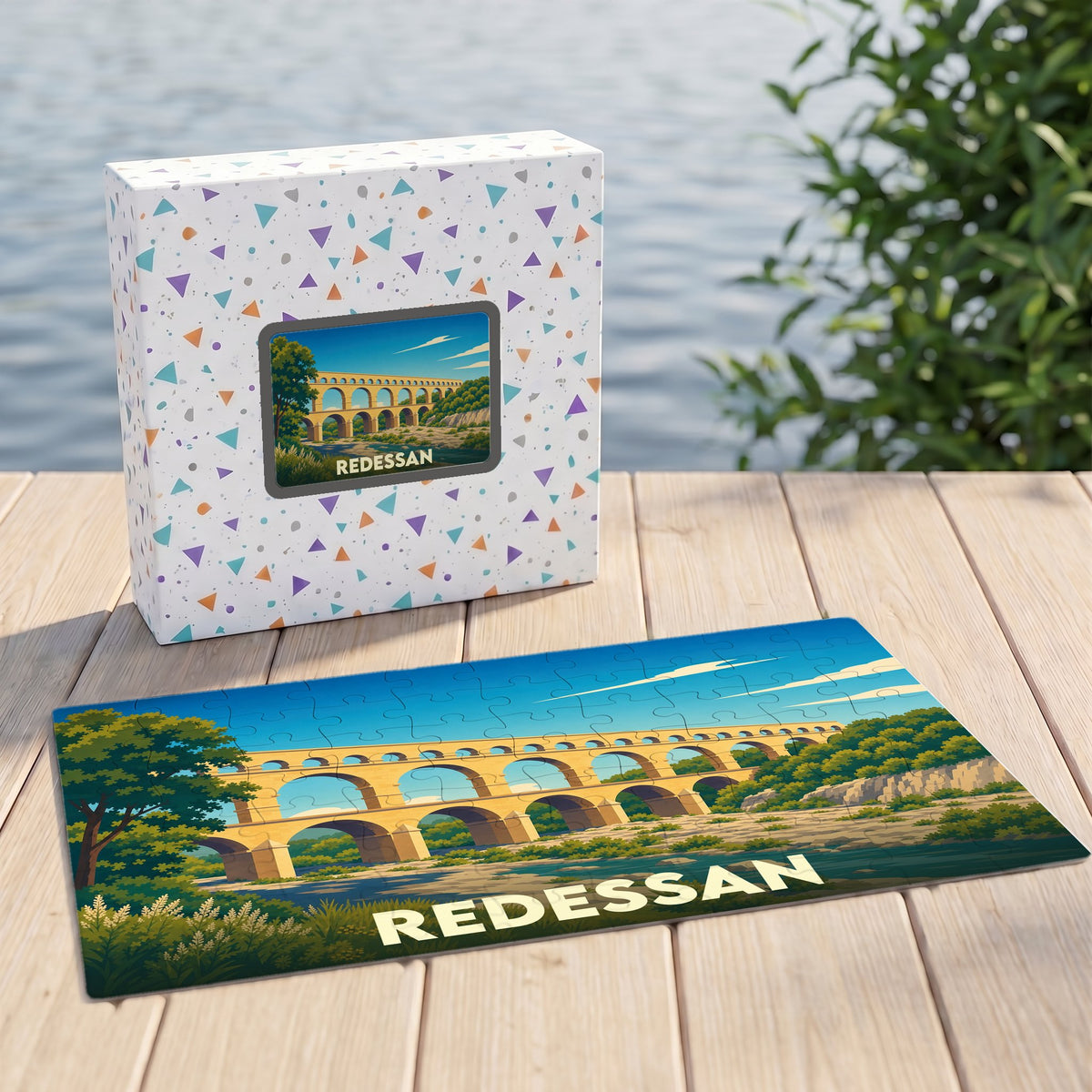 Puzzle souvenir de la ville de Redessan avec une illustration stylisée d'un pont-aqueduc.